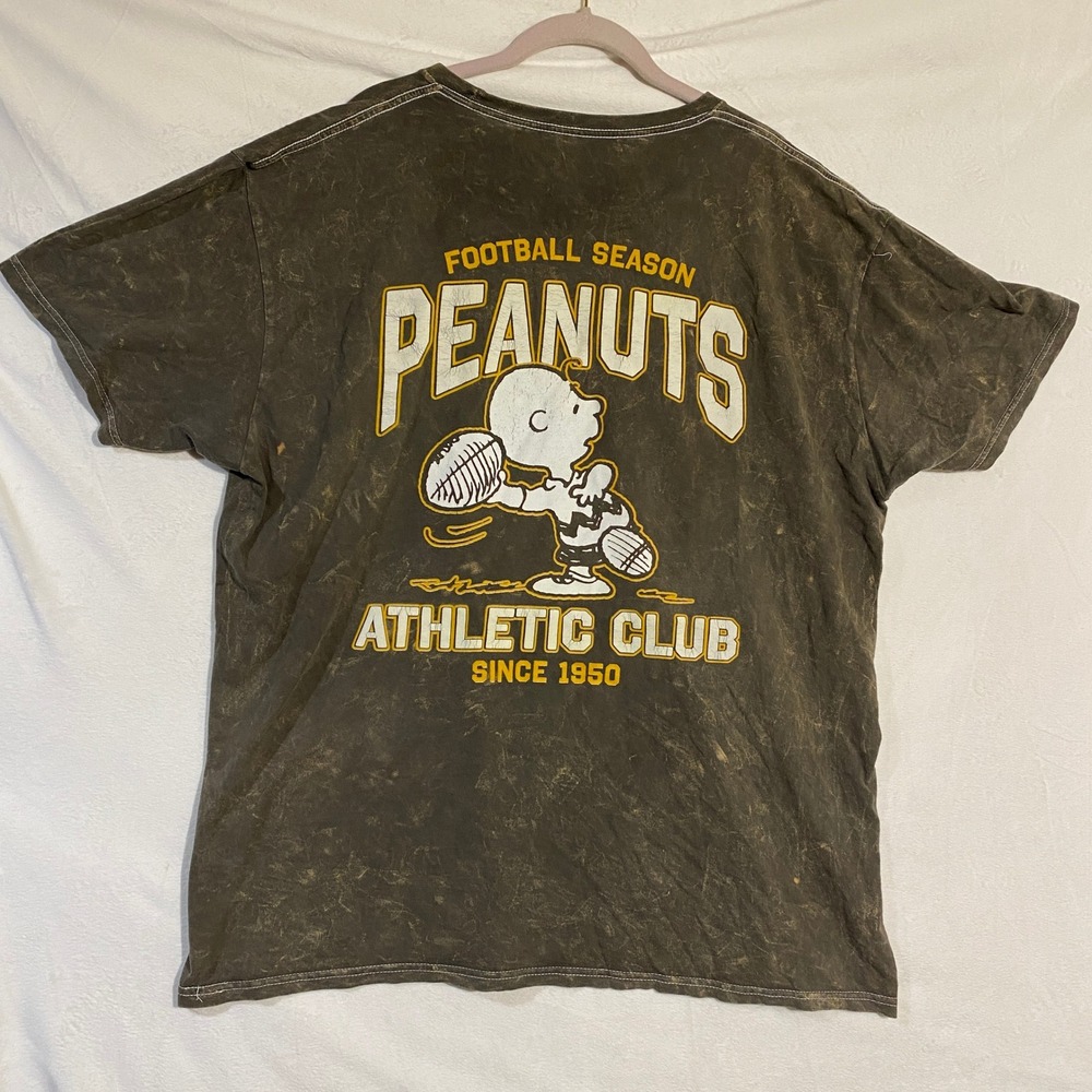 Peanuts Charlie Brown Athletic Club Football T-Shirt XL Brown Mineral Wash M1